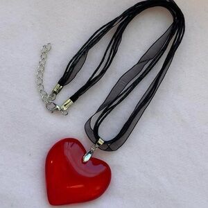 Red Glass Heart Pendant On A Black Adjustable Ribbon Necklace Brand New
